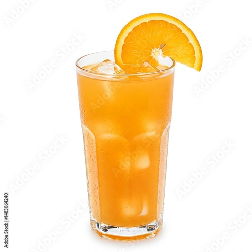 A tall glass of fresh orange juice with ice and a juicy orange slice, set against a stark white background.