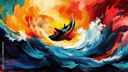 Abstract boat on turbulent waves amidst fiery sky. Oil paint strokes and vivid colors create drama
