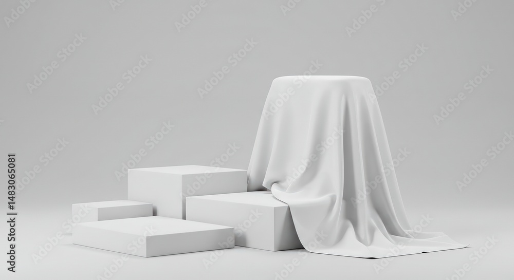 A minimalist display featuring a draped white tablecloth over a pedestal and geometric blocks A minimalist display featuring a draped white tablecloth over a pedestal and geometric blocks