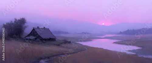 Cabin by a river under a pink sky at dusk, mountain backdrop