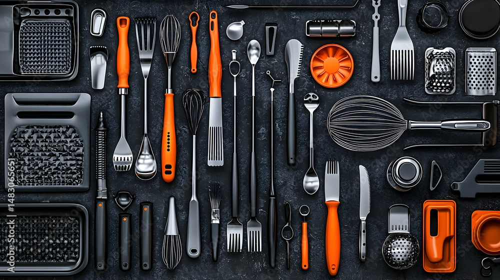 Fototapeta premium Flatlay of modern kitchen utensils on dark surface. Background shows textured countertop. Ideal for cooking blogs and websites