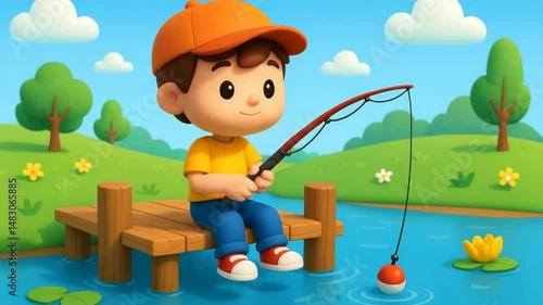 Young Boy Fishing at Colorful Lake with Cartoon Style Background