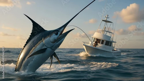 Majestic Marlin Leaps from Ocean Near Sport Fishing Boat at Sunset