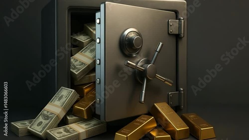 Silver and Gold Bars Beside Open Safe Filled with Cash Stacks