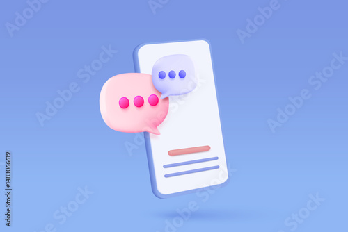 3D minimal speech bubble with notification new message on mobile phone. online social conversation comment concept, chat emoji message on social media. 3d speech icon render vector illustration