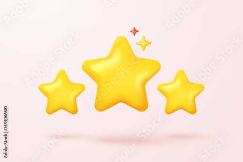 3d yellow stars glossy color icon for game on pink background. Customer rating feedback from client about employee of UI website concept. 3d star quality icon vector with shadow render illustration