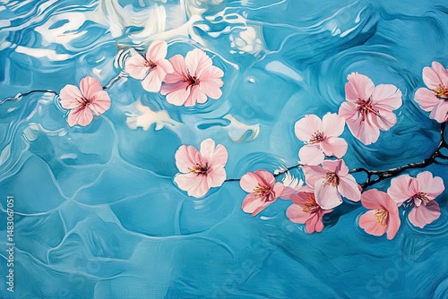 Pink flowers over a blue pool, fresh atmosphere on a hot day. Perfect for background.