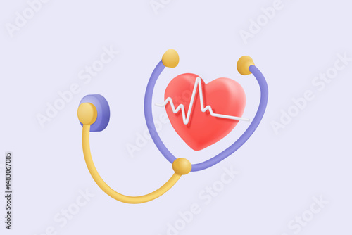 3d red heart with pulse line and stethoscope. heartbeat or cardiogram for healthy lifestyle, pulse beat measure, cardiac assistance, medical healthcare. 3d stethoscope vector icon render illustration