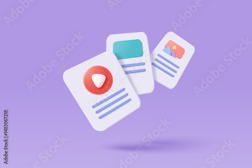 3D media data with video and photo gallery library. Searching image and video files in database. Document management soft, document form, compound docs concept. 3d file icon vector render illustration
