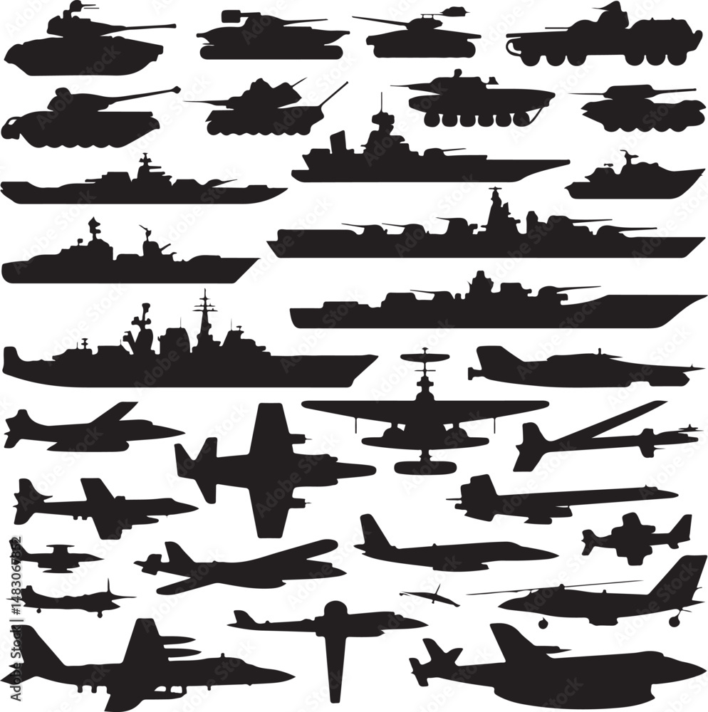 Naklejka premium Maritime Collection: Nine varied vessel silhouettes, each a monochromatic representation of different ships, set against a seamless field. A diverse selection of craft.