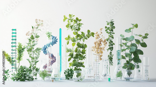 Biology laboratory nature and science, plant and environmental study, DNA, gene therapy, and plants with biochemistry structures
