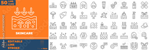 Skincare Line Editable Icons set. Vector illustration in modern thin line style of skincare icons: Moisture cream, acid, anti wrinkle serum, etc