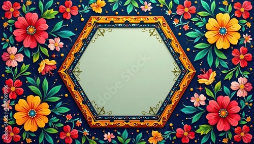 Intricate floral pattern within a hexagon frame , design element, elegant