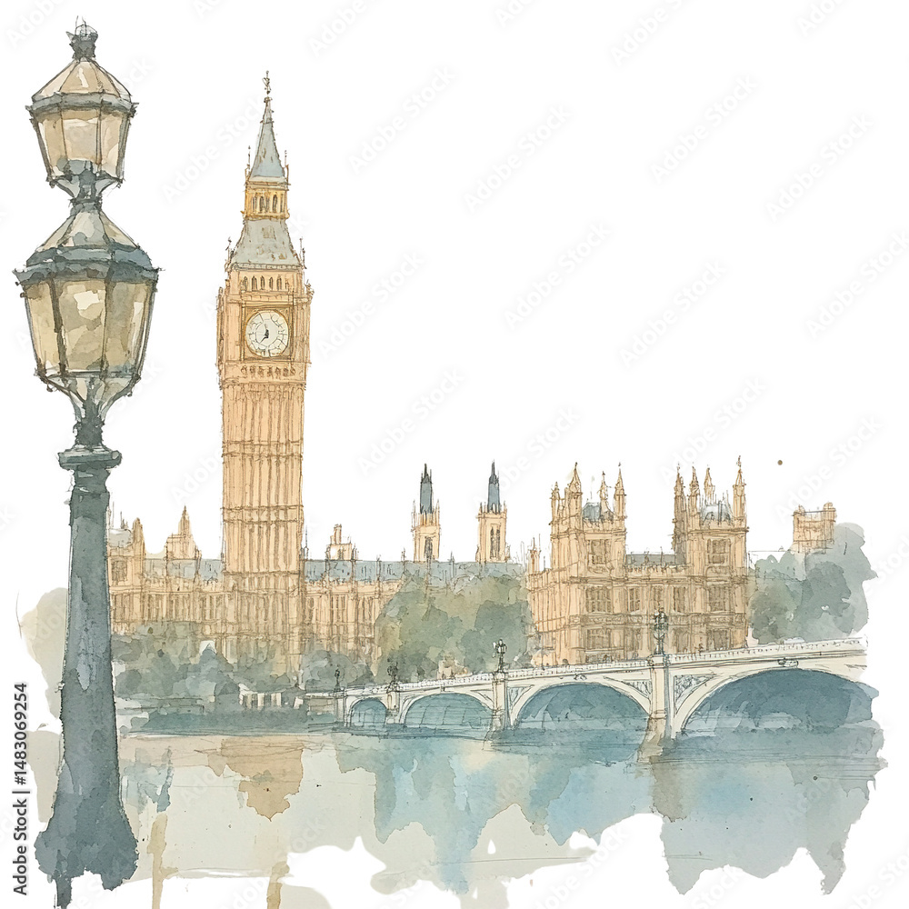 Naklejka premium Watercolour Impression of the Palace of Westminster with Thames Reflection at Dusk