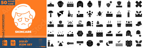 Skincare Solid Editable Icons set. Vector illustration in modern thin solid style of skincare icons: Moisture cream, acid, anti wrinkle serum, etc