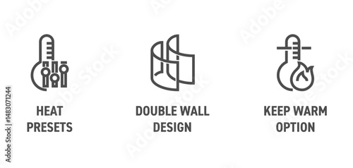 Electric kettle icons set - Double wall design, Heat presets, Keep warm option. in bold line