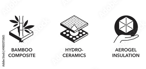 Innovative materials - Aerogel, Bamboo composite, Hydroceramics. in monochrome style