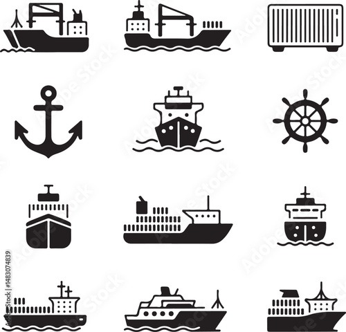 Maritime Collection: Nine varied vessel silhouettes, each a monochromatic representation of different ships, set against a seamless field. A diverse selection of craft.