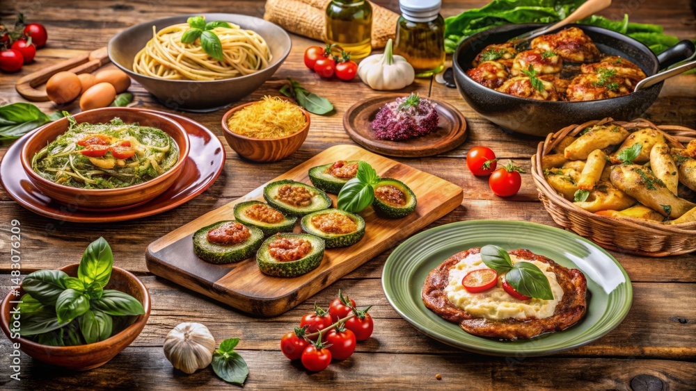 A Rustic Tabletop Display of Diverse Culinary Delights Featuring Various Dishes and Fresh Ingredients A Rustic Tabletop Display of Diverse Culinary Delights Featuring Various Dishes and Fresh Ingredients