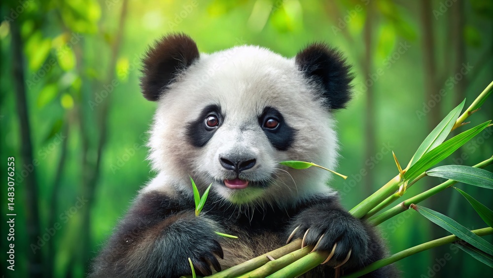 Naklejka premium Adorable Panda Cub Eating Bamboo Shoots - High-Resolution Stock Photo