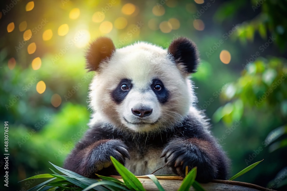 Obraz premium Adorable Panda Cub: Playful Pose, Black and White Fur, Nature's Ambassador