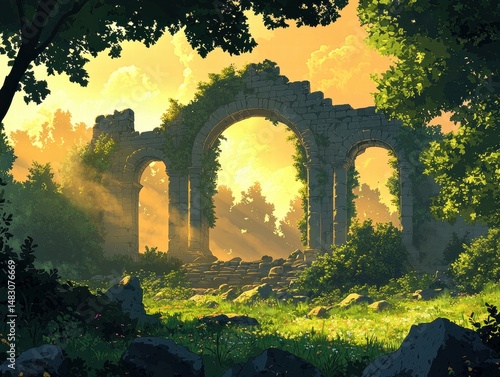 Enchanting forest scene featuring a stone archway surrounded by lush green trees and light