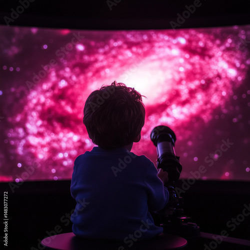 children observing colorful galaxies with telescopes in planetarium

