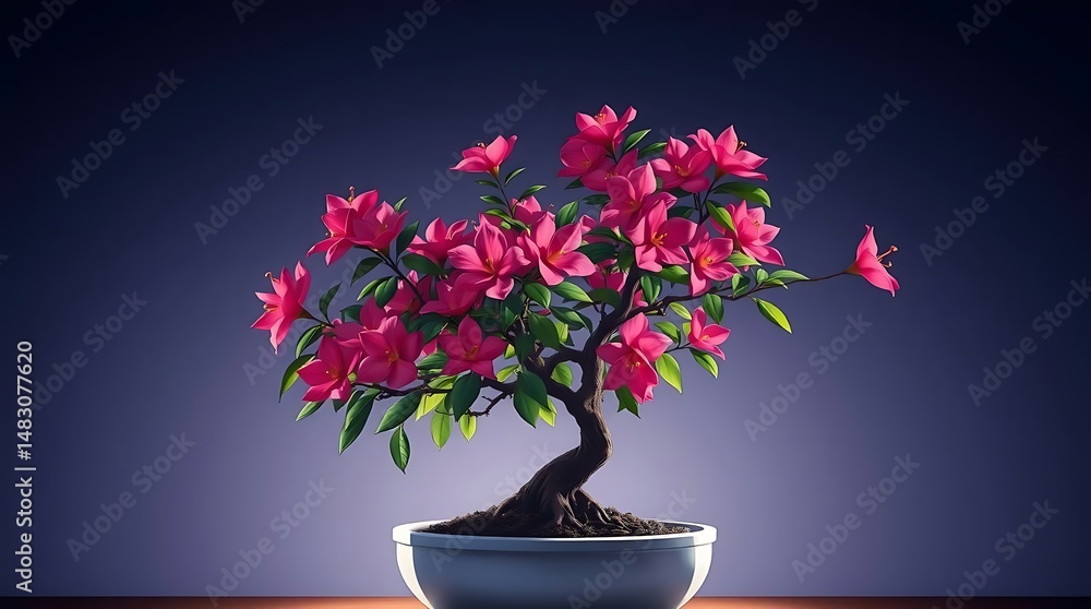 A vibrant pink-flowering bonsai tree with a twisted trunk is set in a pot against a glowing purple and blue background. A vibrant pink-flowering bonsai tree with a twisted trunk is set in a pot against a glowing purple and blue background.