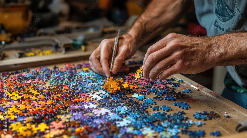 Close-up view of hands assembling a vibrant jigsaw puzzle. Close-up view of hands assembling a vibrant jigsaw puzzle.
