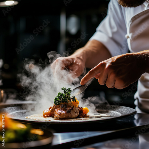 chef plating steaming gourmet dish with herbs in dark restaurant kitchen
