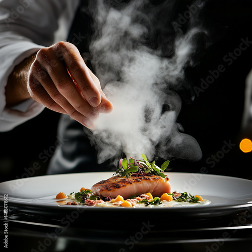 chef plating steaming gourmet dish with herbs in dark restaurant kitchen
