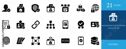 Solid black icons representing blockchain voting systems, digital ID, biometric verification, secure election, and online voting. Ideal for apps, websites, and digital platforms