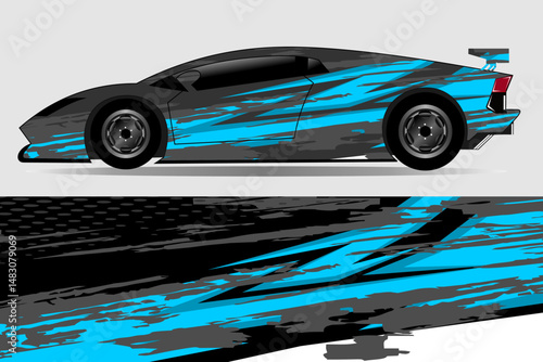 Sleek sports car with dynamic blue graphics design