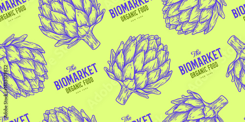 Artichoke, vegetable. Seamless pattern background. Tag, label, sign, artichoke drawing, sketch ink pencil draw, seamless pattern background. Seamless pattern paper background. Vector Illustration