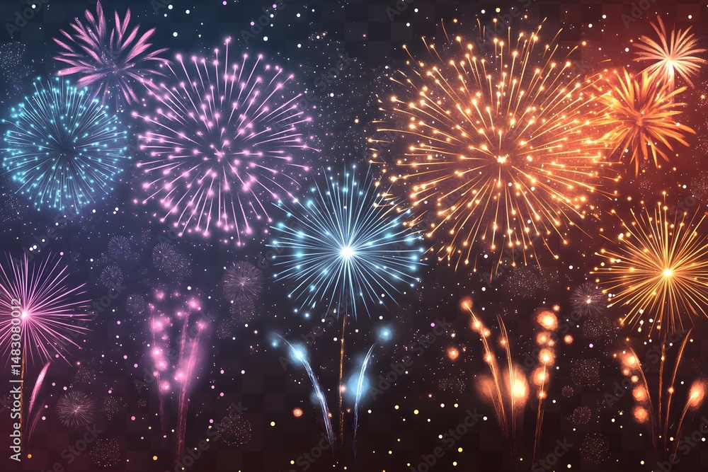 Naklejka premium Colorful Fireworks Display in Night Sky, Celebration with Vibrant Sparks and Lights