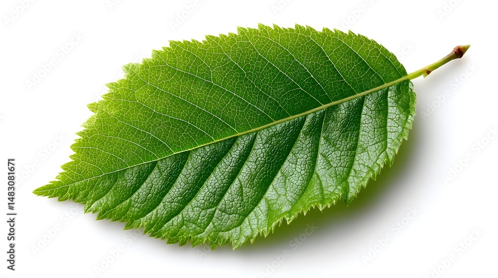 Fototapeta premium A single vibrant green leaf with detailed veins sits isolated on a pure white background perfect for nature designs.