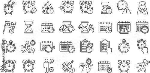 Deadline line Editable Icons set. Vector illustration in modern thin line style of time related icons: alarm, calendar, clock, and more