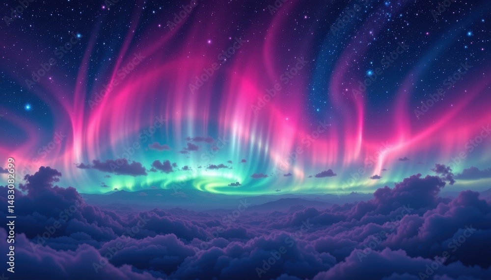 Fototapeta premium a luminous aurora inspired scene with wispy pink and purple clouds flowing across a starry night sky.