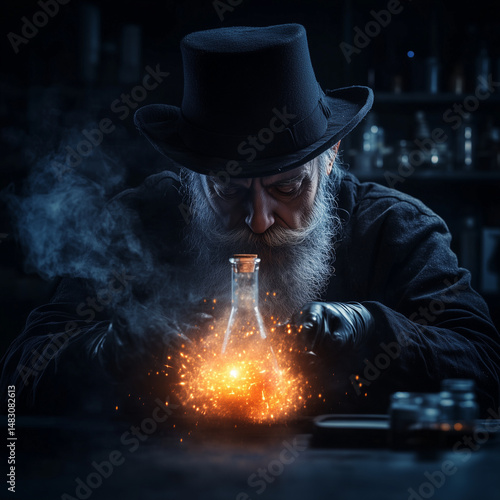 Bearded alchemist in top hat conjuring fiery chemical reaction
