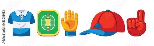 A set of cartoon-style vector icons representing various sporting equipment and accessories such as a shirt, baseball field, glove, hat and foam hand.