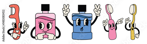 A vibrant cartoon set featuring personified dental hygiene tools. These friendly characters embody a groovy retro aesthetic, promoting oral care in a fun and engaging way.
