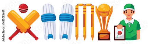 A vibrant illustration showcasing cricket equipments alongside a coach explaining the game strategy, perfect for sports related design or educational content.