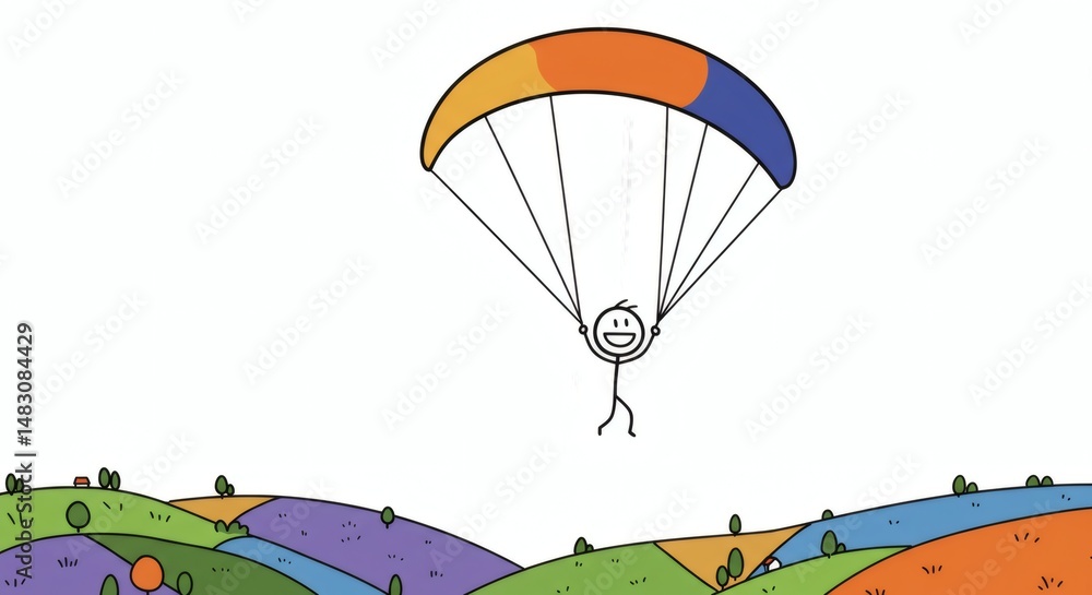 Obraz premium Paragliding Stick Figure Over Colorful Hills Illustration