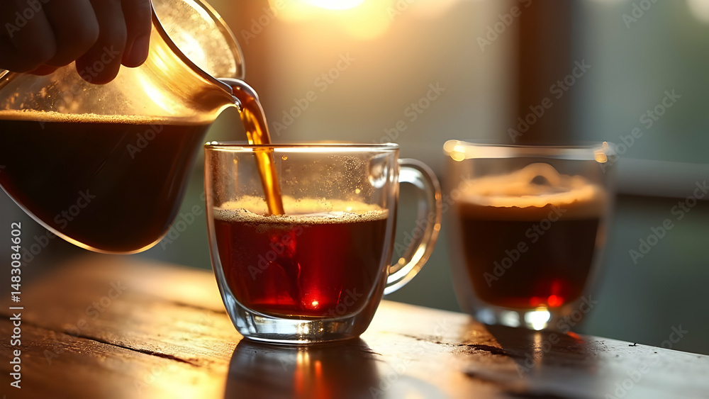 Fototapeta premium Rich Dark Coffee Being Poured from Glass Carafe into Transparent Glass Capturing Beautiful Amber Stream and Formation of Crema