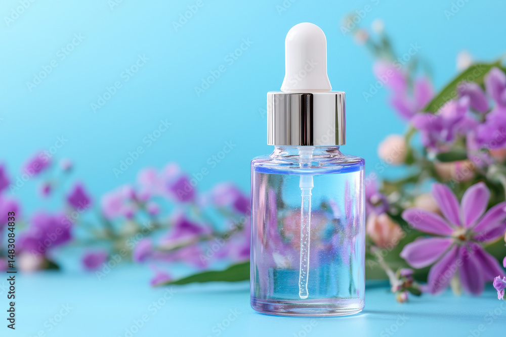 Closeup of skincare serum bottle surrounded by vibrant flowers, evoking sense of freshness Closeup of skincare serum bottle surrounded by vibrant flowers, evoking sense of freshness