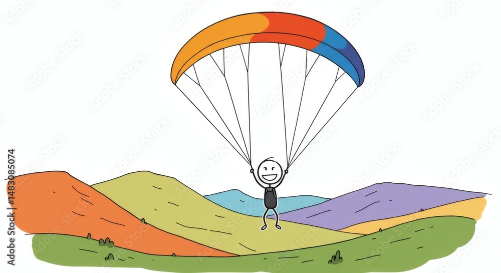 Obraz premium Person Paragliding Over Hills Illustration, Cheerful Stick Figure