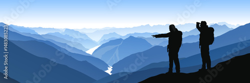 Beautiful blue vector landscape with two hikers looking at a curvy valley in Himalaya mountains.