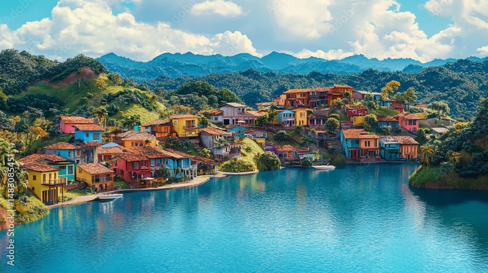 Fototapeta premium Colorful village nestled beside a serene lake, surrounded by lush hills