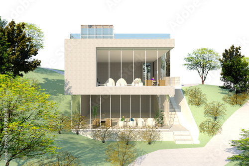 3d architectural perspective rendering of a modern cafe building in the park