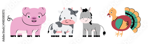 A cheerful cartoon illustration of farmyard animals including a pig, cow, donkey, and turkey, perfect for children's designs.